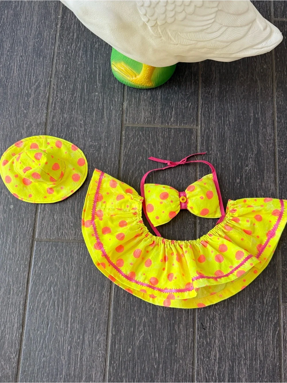 Yellow & pink polka dot bikini with hat for 23” porch goose